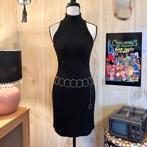 Vintage Women's XSmall Rhinestone Chain Belt Sleeveless Mock Neck Mini Dress